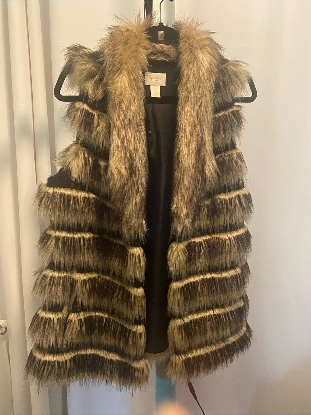 Chico's Brown, Tan & Black Striped Faux Fur Vest